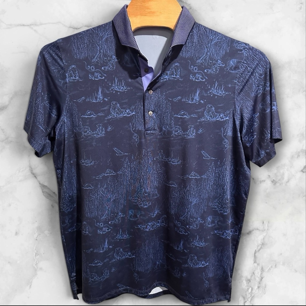 Greyson Polo Shirt XL Navy Blue Willow Toile Print Performance Golf Men's